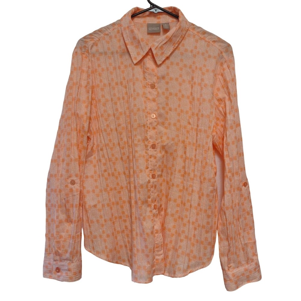 Chicos 2 (L/12) Orange White Medallion Pintuck Roll Tab Sleeve Button Down Shirt